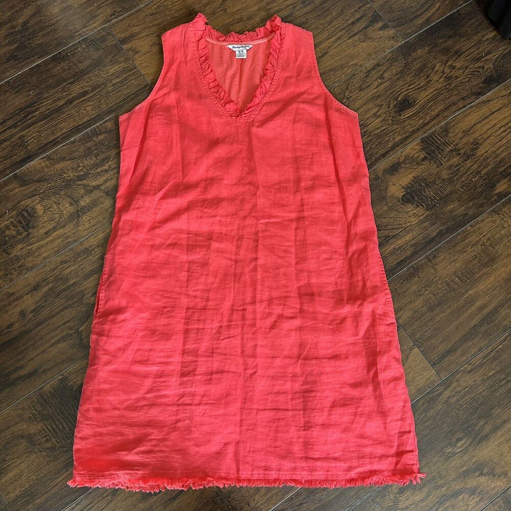 Tommy Bahama Dress Medium Linen Pink/Red Mini Ruffle Shift Coastal Pockets